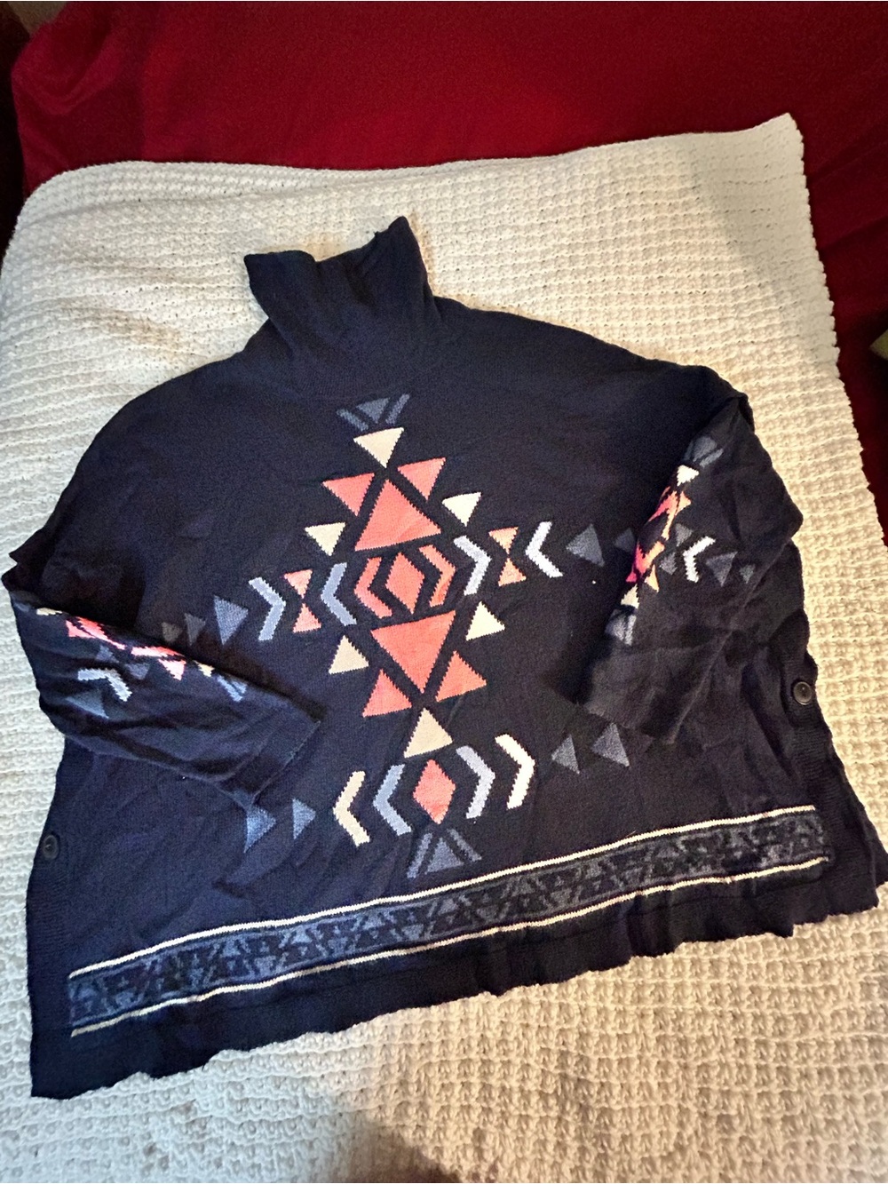J. Jill Navy Turtleneck Sweater with Coral and Cream Geometric Motif